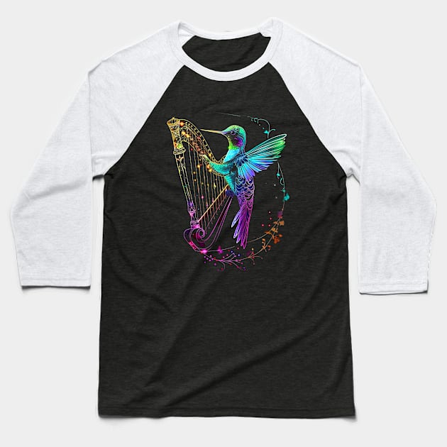 Holographic Hummingbird Harpist Baseball T-Shirt by AriWiguna